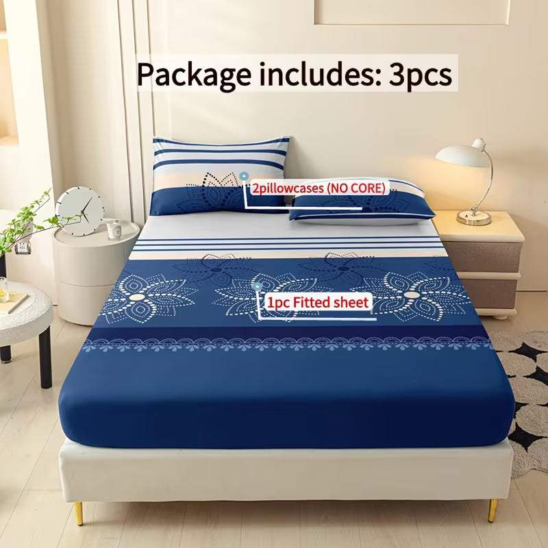 3-Piece Printed Fitted Sheet and Pillowcase Set for Bedroom & Guest Room