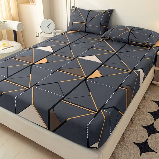 3-Piece Printed Polyester Fitted Sheet and Pillowcase Set for Bedroom and Hotel